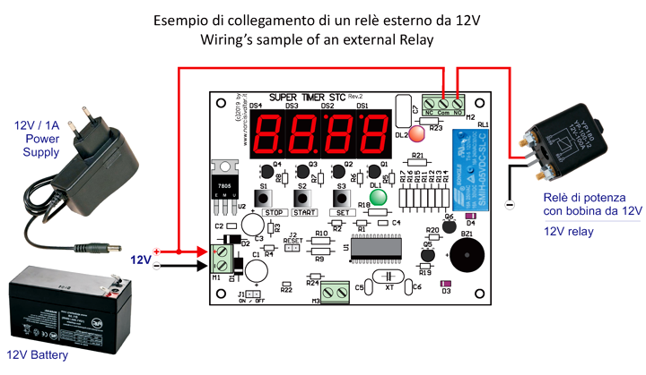 Esempio di collegamento di un relè di potenza esterno (con bobina a 12V)